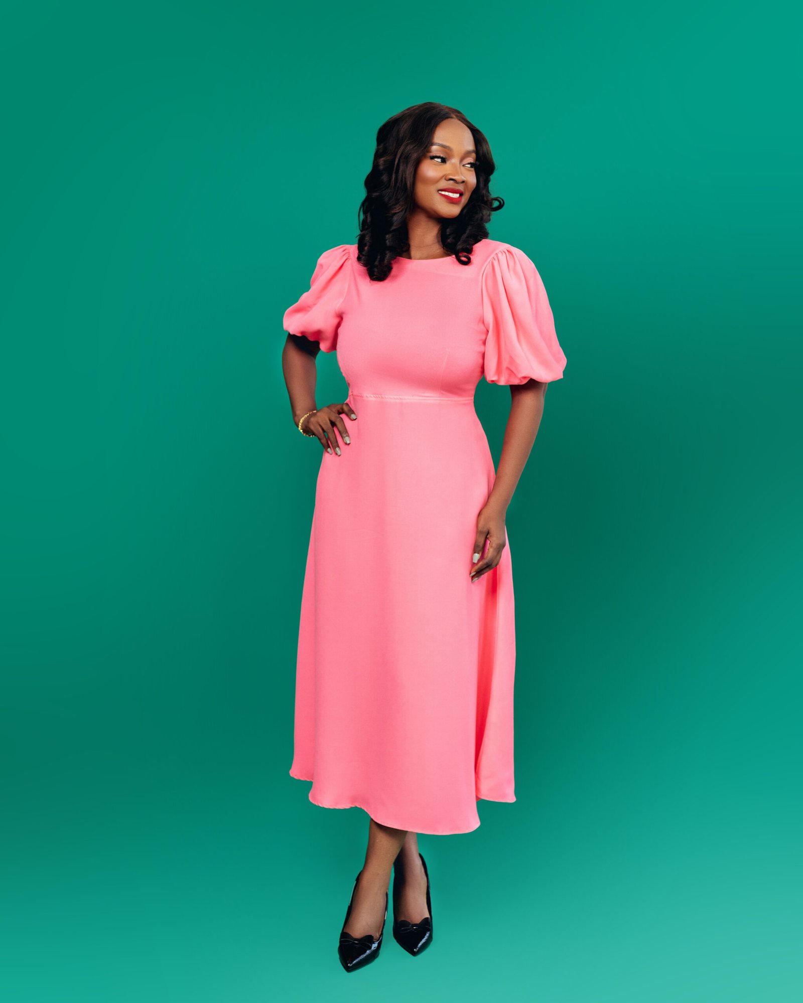 women's pink dress with puff sleeves Pink Bridesmaid Dress With Flowing Skirt : Elegant Open Back Dress With Short Puff Sleeve for Women